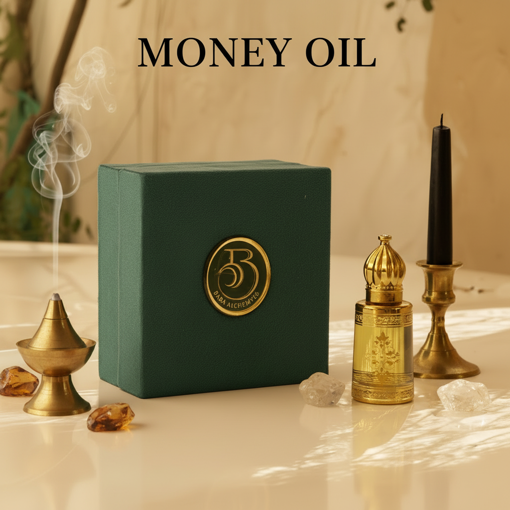 Bright MONEY OIL campaign image with incense smoke